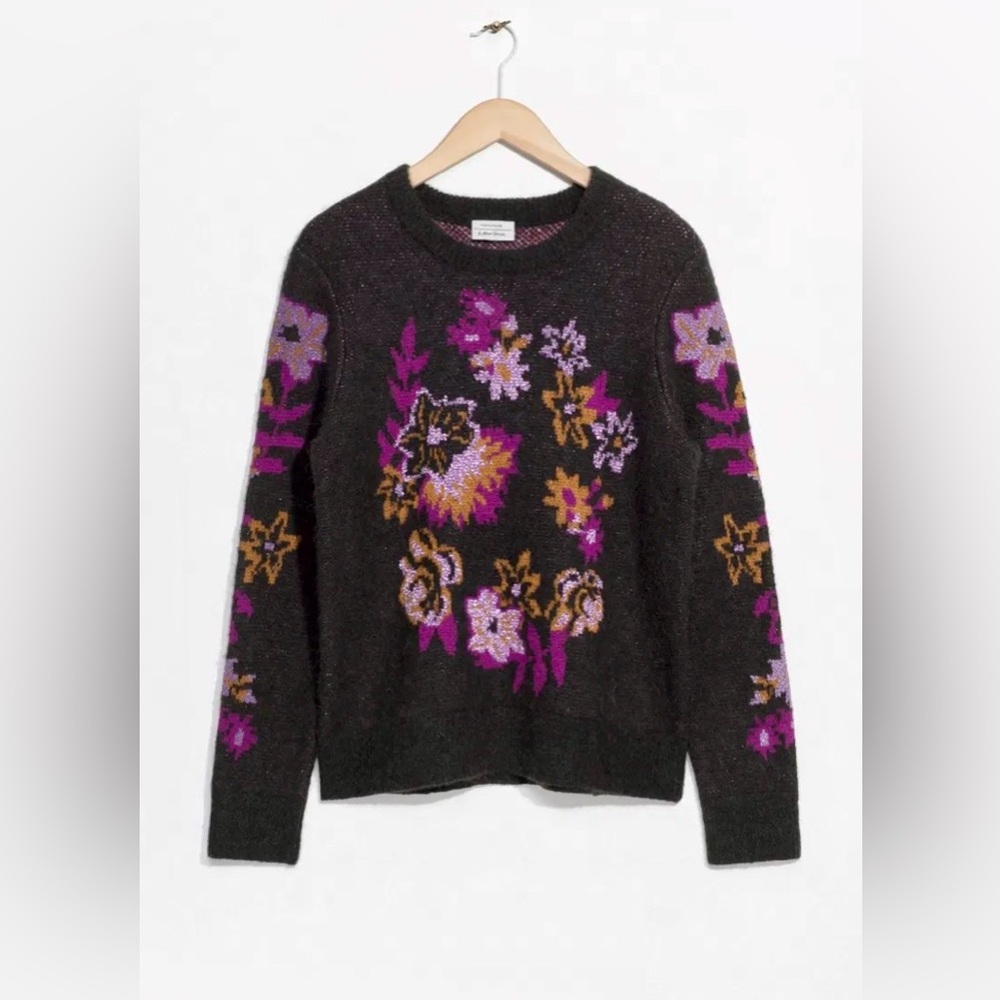 EUC & OTHER STORIES Floral Jacquard Sweater Metallic Thread Detail M Plum Purple